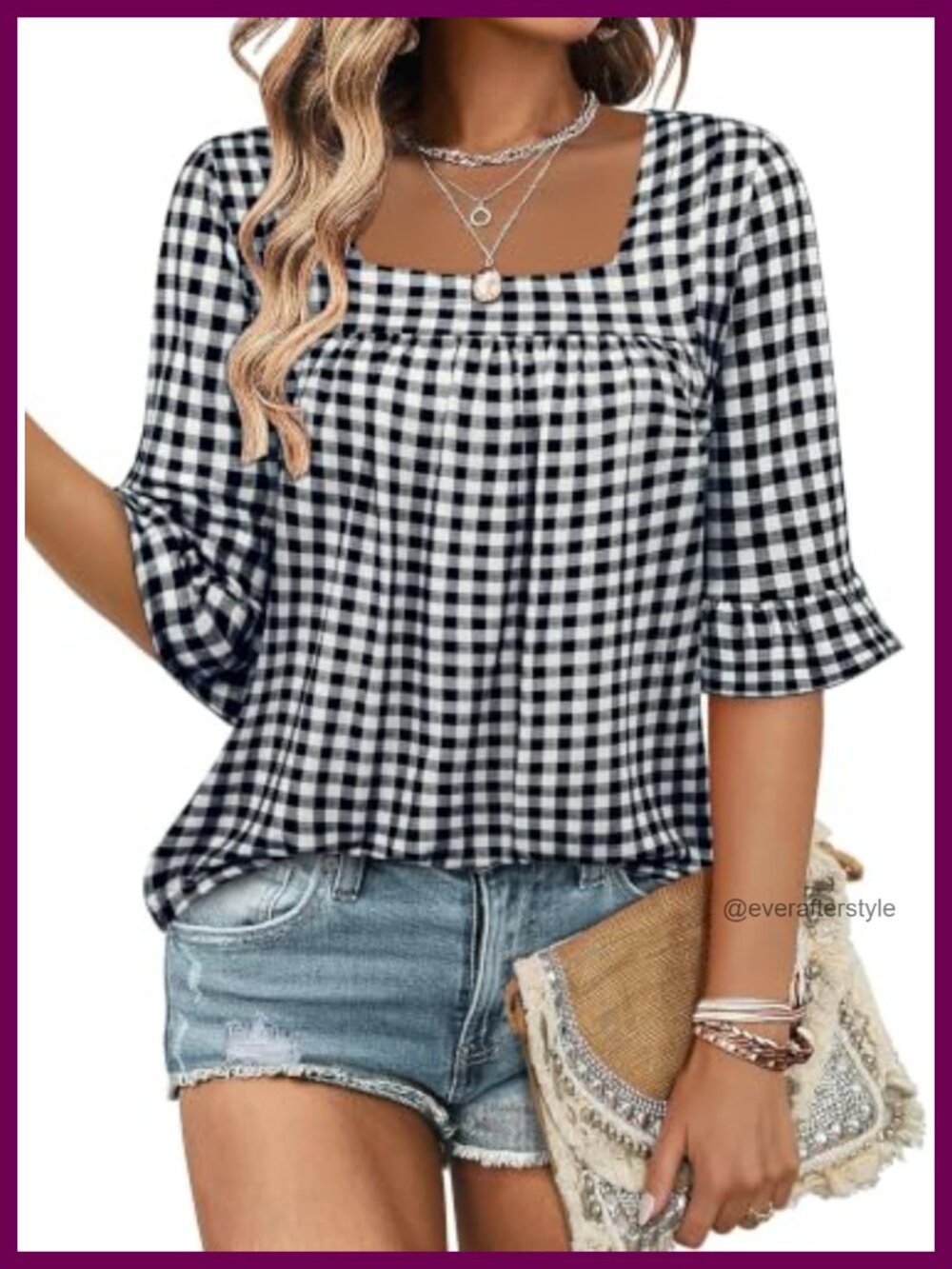 3/4 Sleeve Square Neck Ruffle Blouse Dressy Casual Tunic Top